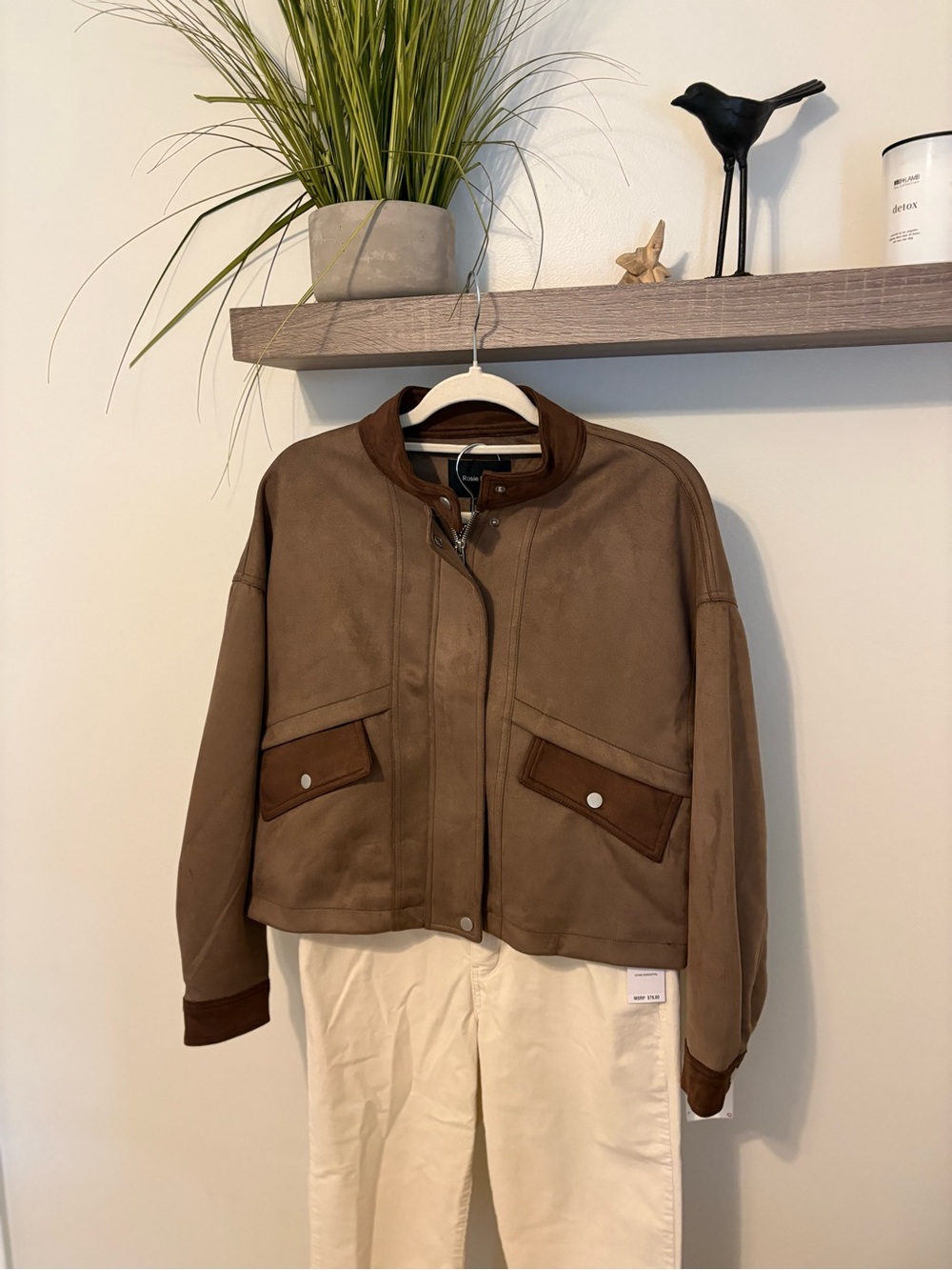 Women's Brown Bomber Jacket with Contrast Pockets